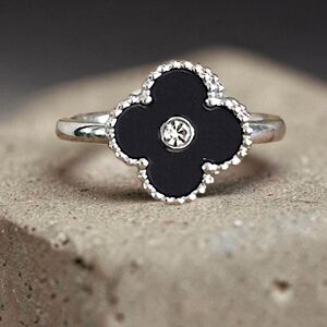 Elegant Black Stainless Steel Clover Ring  -Size 7